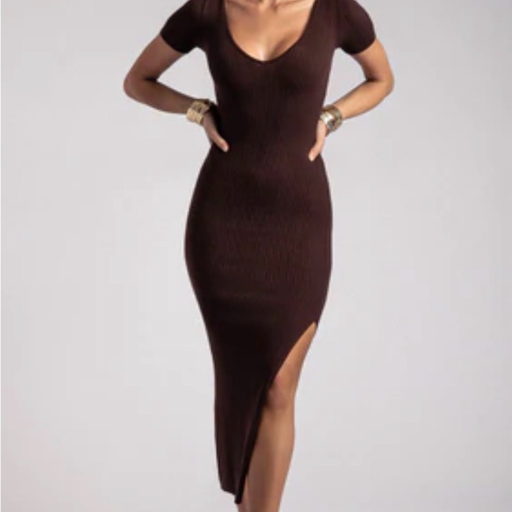 Nina Short Sleeve Knit Midi Dress - Chocolate